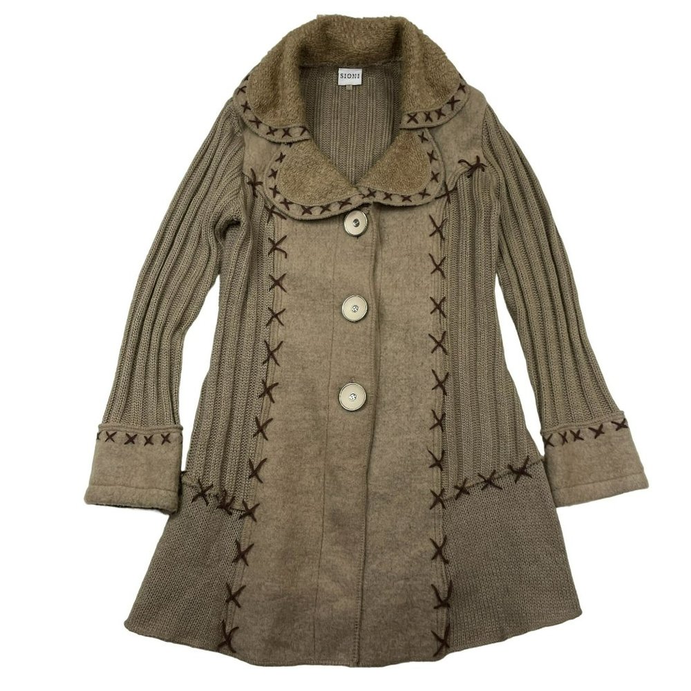 Sioni Tan and Brown Cardigan Sweater